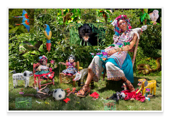 A woman reclines on a chair, elaborately dressed in bright clothing and surrounded by dolls, toys, and painted carvings of animals. Images of wildlife can be seen in the leafy green background.